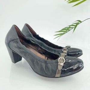 AGL Italy Women's Pump Size 39 9 Cap Toe Block Heel Chain Black Leather